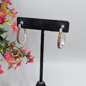 Vintage And Signed 925 Silver Plated and Brown Gemstone Hoop Earrings